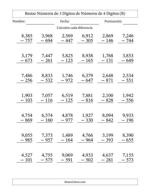 La hoja de ejercicios de Restar números de 3 dígitos de números de 4 dígitos, con acarreo en algunas preguntas (42 preguntas) (Coma como separador de millares) (B)