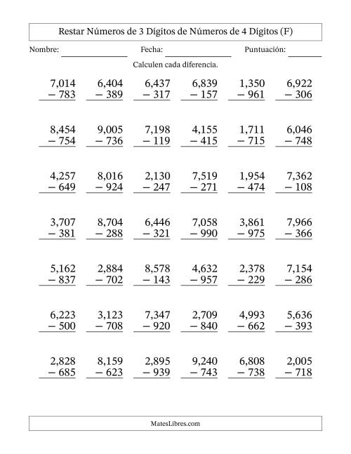 La hoja de ejercicios de Restar números de 3 dígitos de números de 4 dígitos, con acarreo en algunas preguntas (42 preguntas) (Coma como separador de millares) (F)