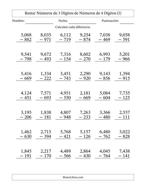 La hoja de ejercicios de Restar números de 3 dígitos de números de 4 dígitos, con acarreo en algunas preguntas (42 preguntas) (Coma como separador de millares) (I)