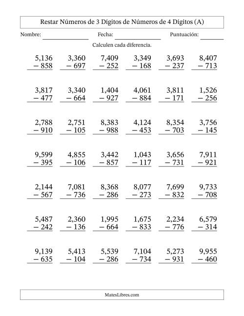 La hoja de ejercicios de Restar números de 3 dígitos de números de 4 dígitos, con acarreo en algunas preguntas (42 preguntas) (Coma como separador de millares) (Todas)