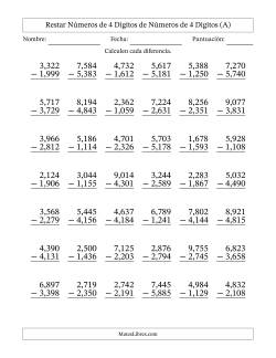 Restar números de 4 dígitos de números de 4 dígitos, con acarreo en algunas preguntas (42 preguntas) (Coma como separador de millares)
