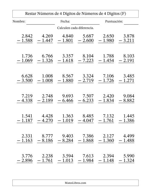 La hoja de ejercicios de Restar números de 4 dígitos de números de 4 dígitos, con acarreo en algunas preguntas (42 preguntas) (Punto como separador de millares) (F)