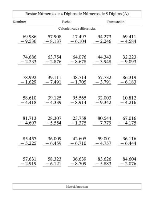 La hoja de ejercicios de Restar números de 4 dígitos de números de 5 dígitos, con acarreo en algunas preguntas (35 preguntas) (Punto como separador de millares) (A)
