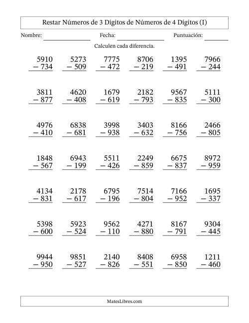 La hoja de ejercicios de Restar números de 3 dígitos de números de 4 dígitos, con acarreo en algunas preguntas (42 preguntas) (I)