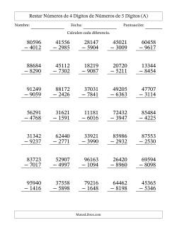 Restar números de 4 dígitos de números de 5 dígitos, con acarreo en algunas preguntas (35 preguntas)