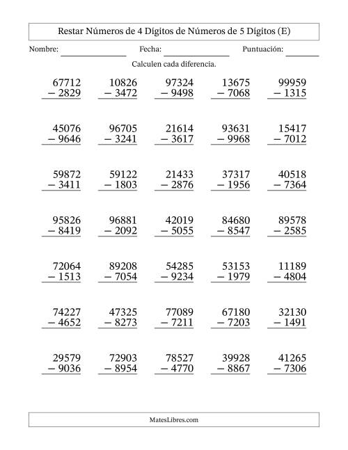La hoja de ejercicios de Restar números de 4 dígitos de números de 5 dígitos, con acarreo en algunas preguntas (35 preguntas) (E)