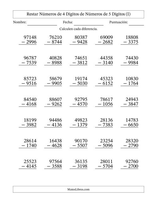 La hoja de ejercicios de Restar números de 4 dígitos de números de 5 dígitos, con acarreo en algunas preguntas (35 preguntas) (I)