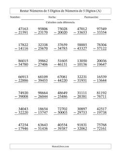 Restar números de 5 dígitos de números de 5 dígitos, con acarreo en algunas preguntas (35 preguntas)