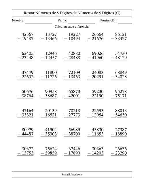 La hoja de ejercicios de Restar números de 5 dígitos de números de 5 dígitos, con acarreo en algunas preguntas (35 preguntas) (C)