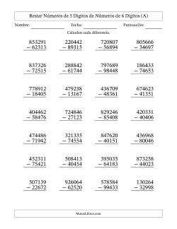 Restar números de 5 dígitos de números de 6 dígitos, con acarreo en algunas preguntas (28 preguntas)