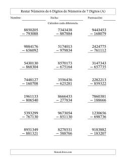 Restar números de 6 dígitos de números de 7 dígitos, con acarreo en algunas preguntas (21 preguntas)