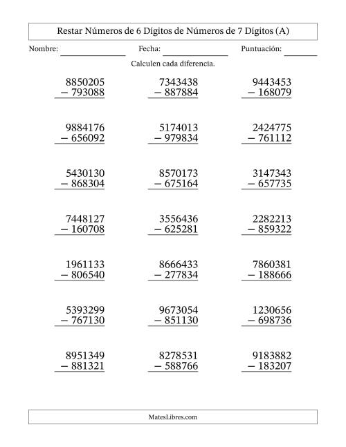 La hoja de ejercicios de Restar números de 6 dígitos de números de 7 dígitos, con acarreo en algunas preguntas (21 preguntas) (A)
