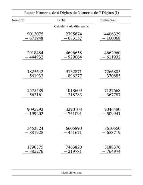La hoja de ejercicios de Restar números de 6 dígitos de números de 7 dígitos, con acarreo en algunas preguntas (21 preguntas) (I)
