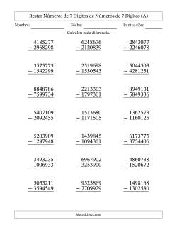 Restar números de 7 dígitos de números de 7 dígitos, con acarreo en algunas preguntas (21 preguntas)