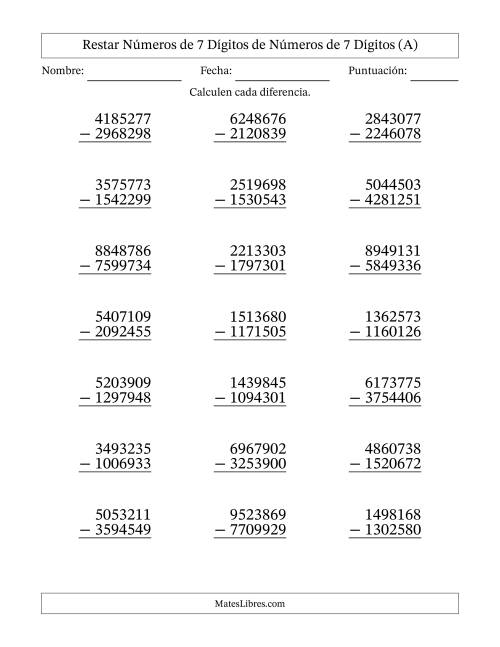 La hoja de ejercicios de Restar números de 7 dígitos de números de 7 dígitos, con acarreo en algunas preguntas (21 preguntas) (A)