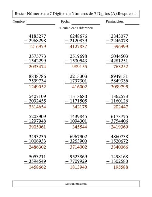 La hoja de ejercicios de Restar números de 7 dígitos de números de 7 dígitos, con acarreo en algunas preguntas (21 preguntas) (A) Página 2