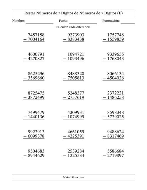La hoja de ejercicios de Restar números de 7 dígitos de números de 7 dígitos, con acarreo en algunas preguntas (21 preguntas) (E)