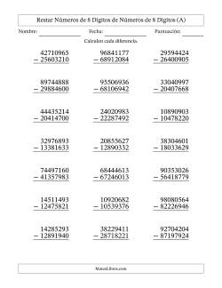 Restar números de 8 dígitos de números de 8 dígitos, con acarreo en algunas preguntas (21 preguntas)