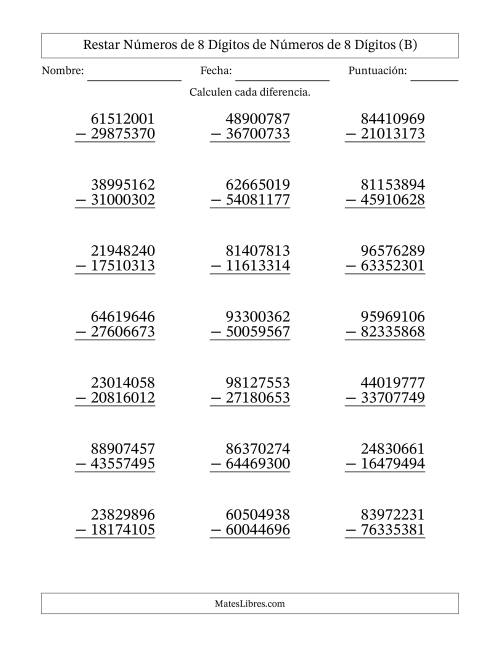 La hoja de ejercicios de Restar números de 8 dígitos de números de 8 dígitos, con acarreo en algunas preguntas (21 preguntas) (B)
