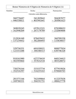 Restar números de 9 dígitos de números de 9 dígitos, con acarreo en algunas preguntas (21 preguntas)