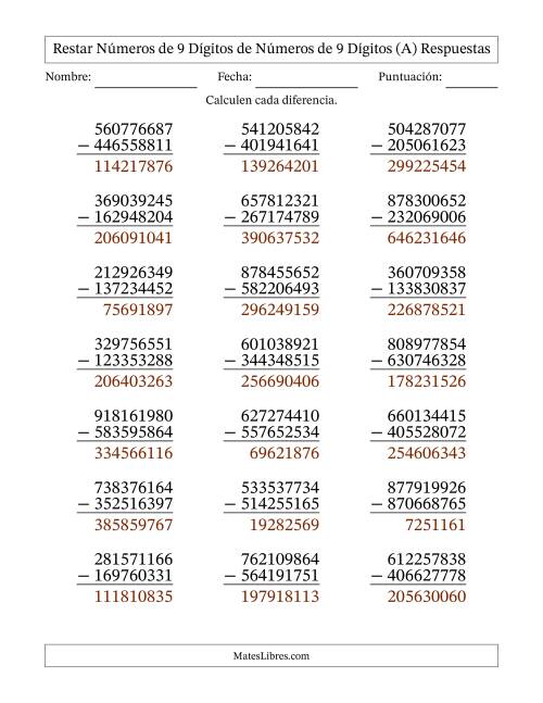 La hoja de ejercicios de Restar números de 9 dígitos de números de 9 dígitos, con acarreo en algunas preguntas (21 preguntas) (A) Página 2
