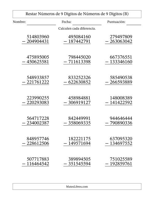La hoja de ejercicios de Restar números de 9 dígitos de números de 9 dígitos, con acarreo en algunas preguntas (21 preguntas) (B)