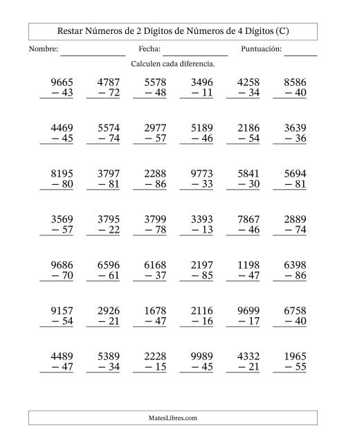 La hoja de ejercicios de Restar números de 2 dígitos de números de 4 dígitos, sin acarreo (42 preguntas) (C)