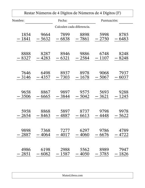 La hoja de ejercicios de Restar números de 4 dígitos de números de 4 dígitos, sin acarreo (42 preguntas) (F)