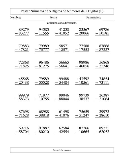 La hoja de ejercicios de Restar números de 5 dígitos de números de 5 dígitos, sin acarreo (35 preguntas) (F)