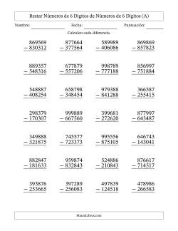 Restar números de 6 dígitos de números de 6 dígitos, sin acarreo (28 preguntas)