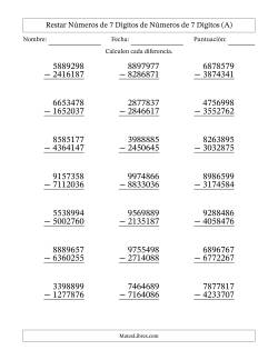 Restar números de 7 dígitos de números de 7 dígitos, sin acarreo (21 preguntas)