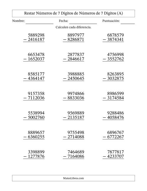La hoja de ejercicios de Restar números de 7 dígitos de números de 7 dígitos, sin acarreo (21 preguntas) (A)