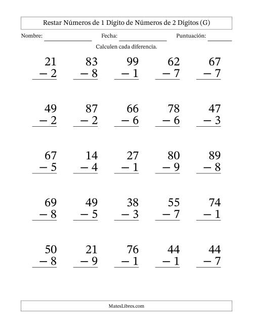 La hoja de ejercicios de Restar números de 1 dígito de números de 2 dígitos, con acarreo en algunas preguntas (25 preguntas) - Formato Grande (G)