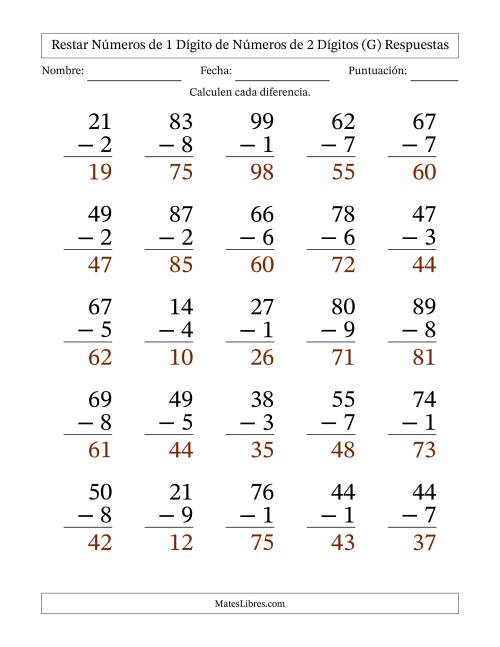 La hoja de ejercicios de Restar números de 1 dígito de números de 2 dígitos, con acarreo en algunas preguntas (25 preguntas) - Formato Grande (G) Página 2