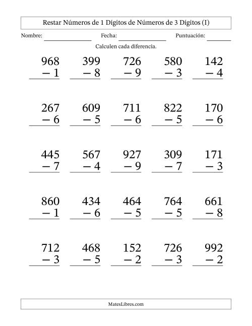 La hoja de ejercicios de Restar números de 1 dígitos de números de 3 dígitos, con acarreo en algunas preguntas (25 preguntas) - Formato Grande (I)