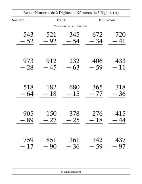 La hoja de ejercicios de Restar números de 2 dígitos de números de 3 dígitos, con acarreo en algunas preguntas (25 preguntas) - Formato Grande (A)