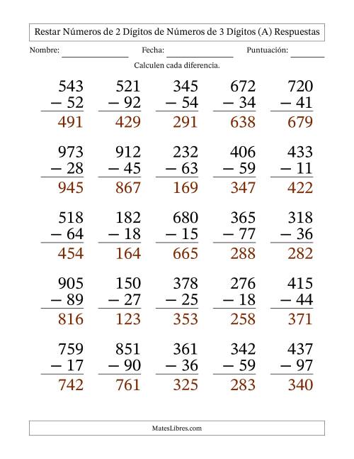 La hoja de ejercicios de Restar números de 2 dígitos de números de 3 dígitos, con acarreo en algunas preguntas (25 preguntas) - Formato Grande (A) Página 2