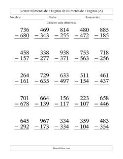 Restar números de 3 dígitos de números de 3 dígitos, con acarreo en algunas preguntas (25 preguntas) - Formato Grande