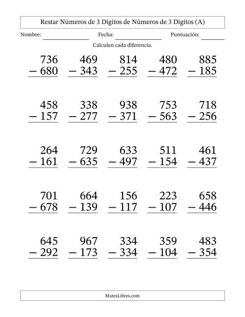La hoja de ejercicios de Restar números de 3 dígitos de números de 3 dígitos, con acarreo en algunas preguntas (25 preguntas) - Formato Grande (A)