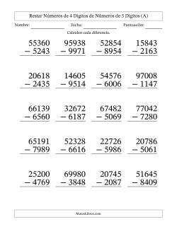 Restar números de 4 dígitos de números de 5 dígitos, con acarreo en algunas preguntas (20 preguntas) - Formato Grande