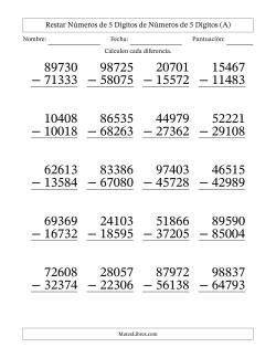Restar números de 5 dígitos de números de 5 dígitos, con acarreo en algunas preguntas (20 preguntas) - Formato Grande