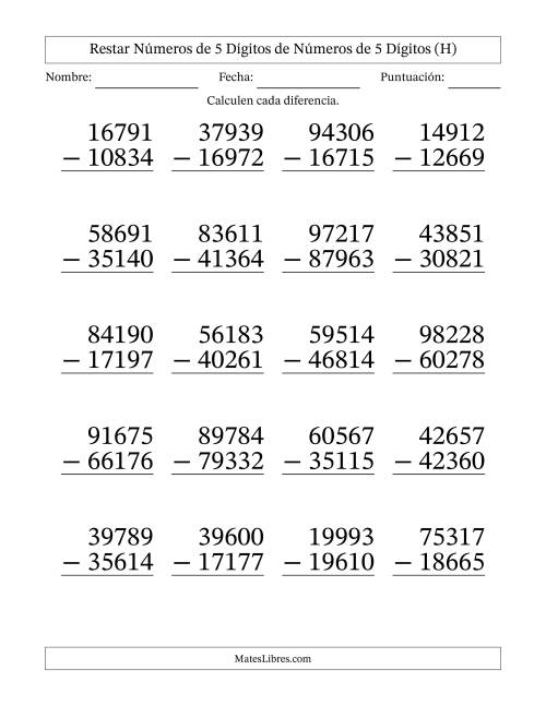 La hoja de ejercicios de Restar números de 5 dígitos de números de 5 dígitos, con acarreo en algunas preguntas (20 preguntas) - Formato Grande (H)