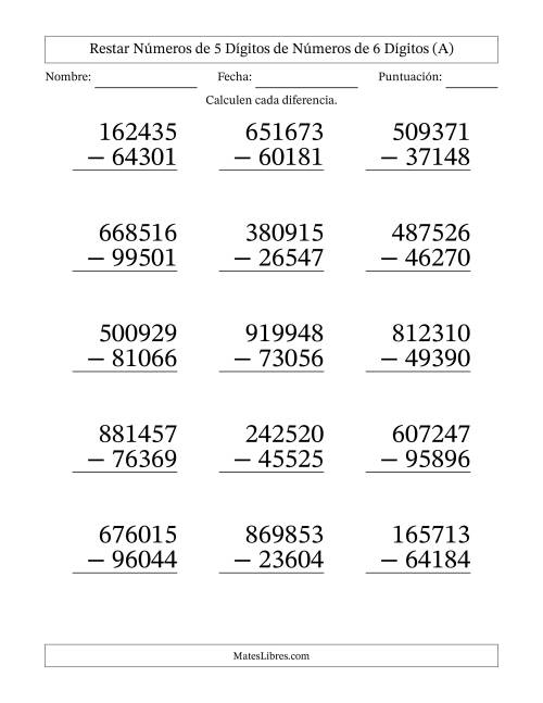 La hoja de ejercicios de Restar números de 5 dígitos de números de 6 dígitos, con acarreo en algunas preguntas (15 preguntas) - Formato Grande (Todas)