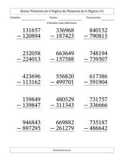 Restar números de 6 dígitos de números de 6 dígitos, con acarreo en algunas preguntas (15 preguntas) - Formato Grande