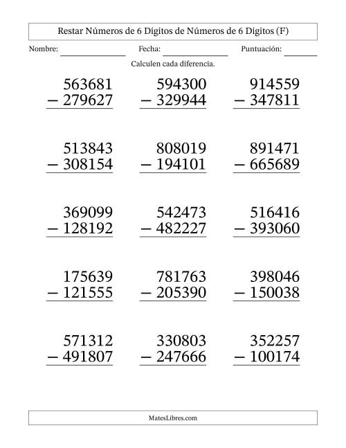 La hoja de ejercicios de Restar números de 6 dígitos de números de 6 dígitos, con acarreo en algunas preguntas (15 preguntas) - Formato Grande (F)