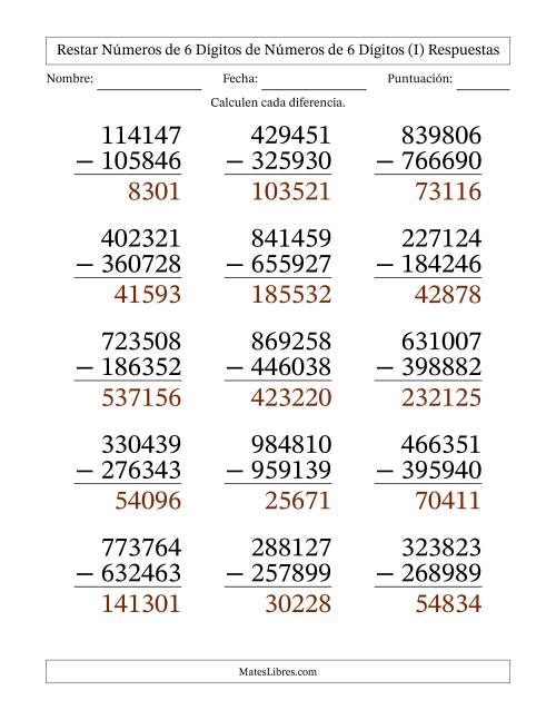 La hoja de ejercicios de Restar números de 6 dígitos de números de 6 dígitos, con acarreo en algunas preguntas (15 preguntas) - Formato Grande (I) Página 2