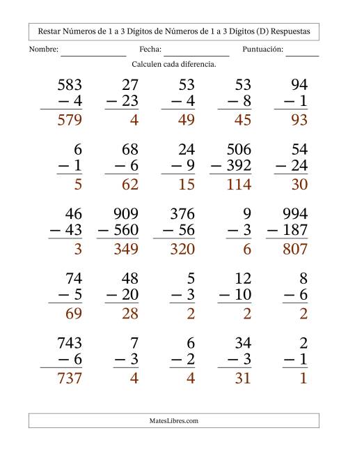 La hoja de ejercicios de Restar números de 1 a 3 dígitos de números de 1 a 3 dígitos, con acarreo en algunas preguntas (25 preguntas) - Formato Grande (D) Página 2