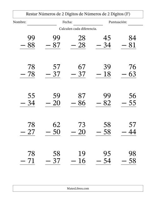 La hoja de ejercicios de Restar números de 2 dígitos de números de 2 dígitos, sin acarreo (25 preguntas) - Formato Grande (F)