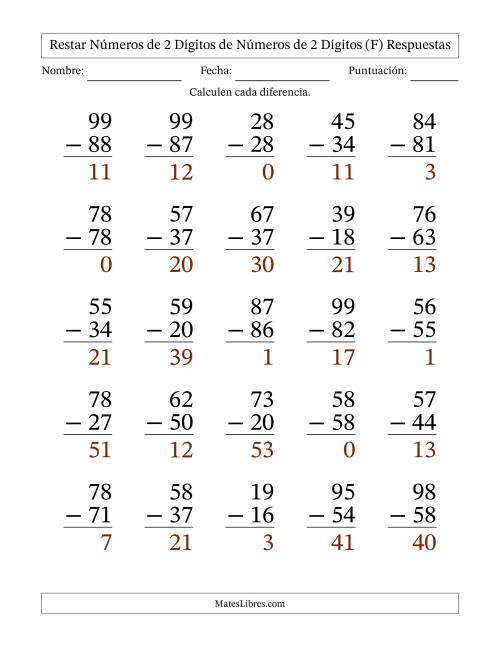 La hoja de ejercicios de Restar números de 2 dígitos de números de 2 dígitos, sin acarreo (25 preguntas) - Formato Grande (F) Página 2