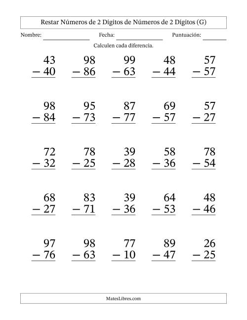 La hoja de ejercicios de Restar números de 2 dígitos de números de 2 dígitos, sin acarreo (25 preguntas) - Formato Grande (G)